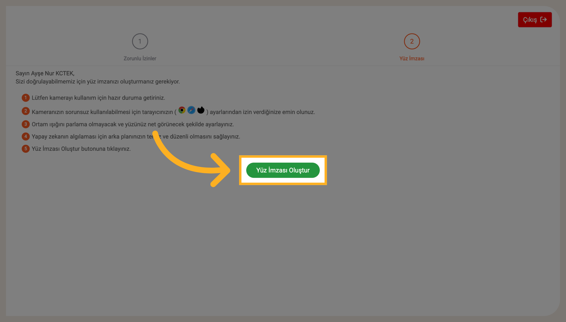 QProctor yüz imzası oluşturma ekranı