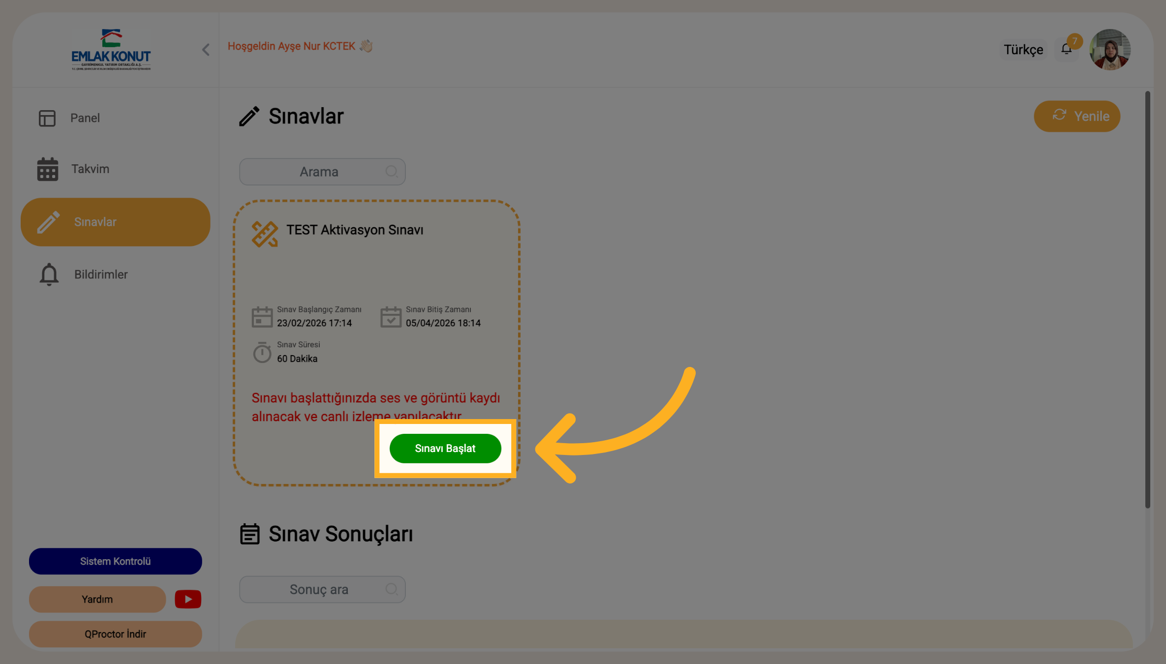 QProctor sınavı başlatma ekranı